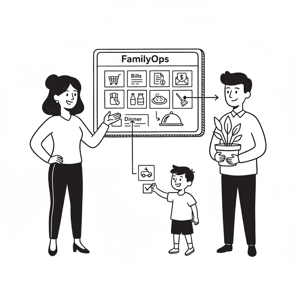 FamilyOps dashboard showing mission distribution and family harmony metrics